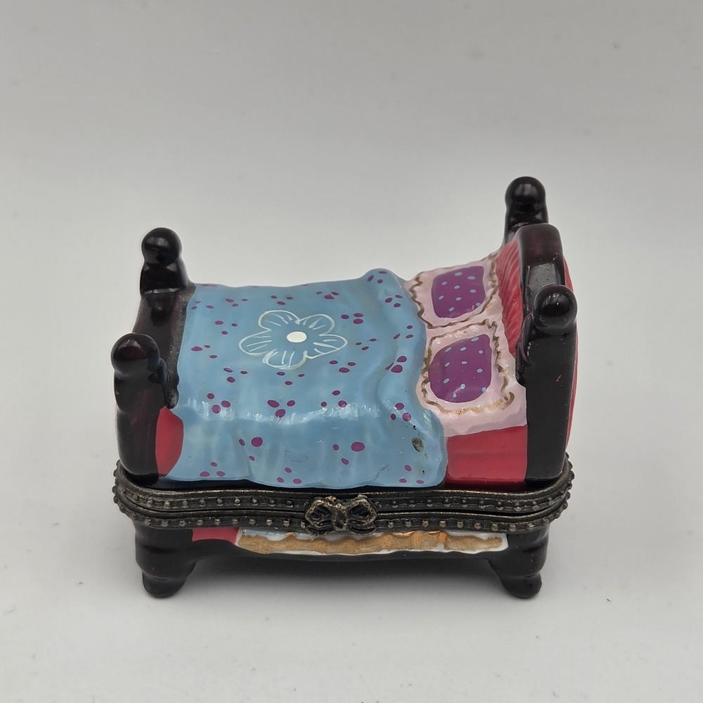Vintage Mini Blue, Pink Porcelain Bed Trinket Box